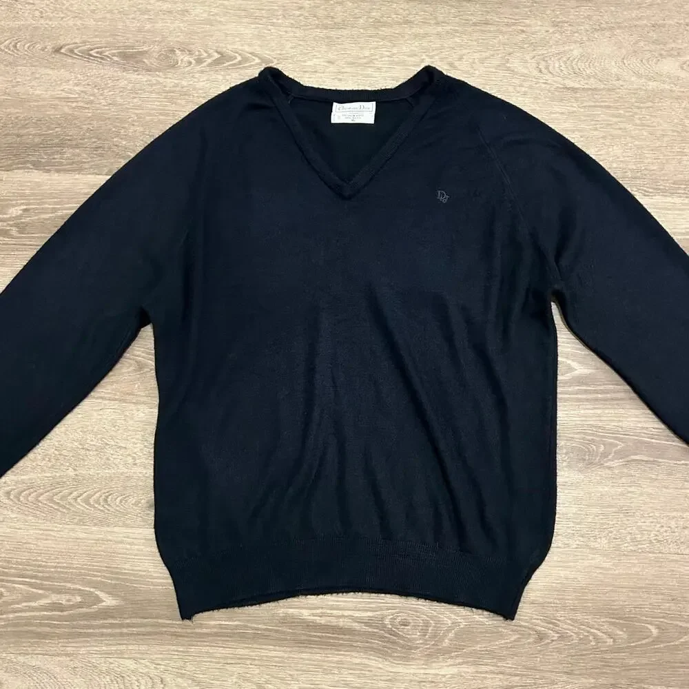 Vintage Christian‎ Dior V Neck Sweater Navy Minimakist Logo Knit XL USA